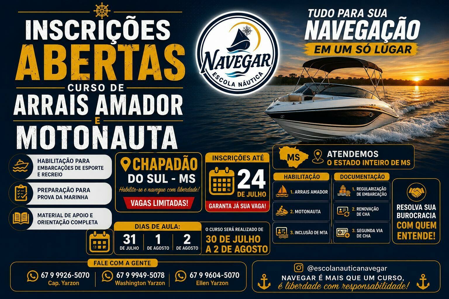 Imagem de compartilhamento para o artigo Chapadão do Sul recebe em julho curso de Arrais e Motonauta; Wavegar também oferece serviços de regularização náutica da MS Todo dia